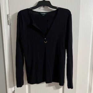 Lauren Ralph Lauren Women's Large Black Long Sleeve T-Shirt Gold Metal Accents
